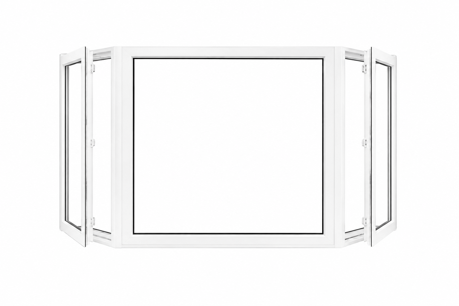 Three-section bay window projecting from an Ontario home exterior