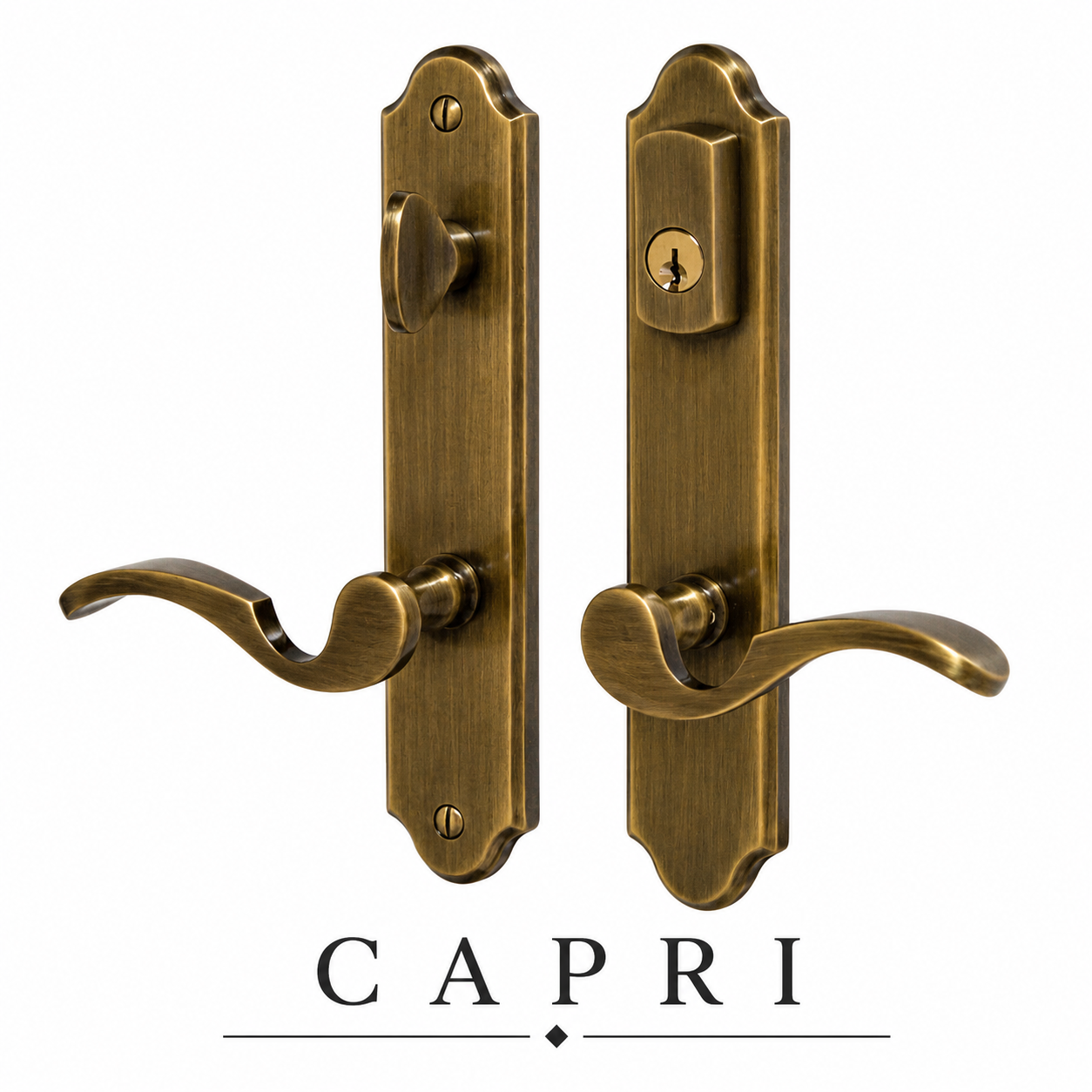 Ferco Capri multi-point lock trim set in antique brass with curved lever handles