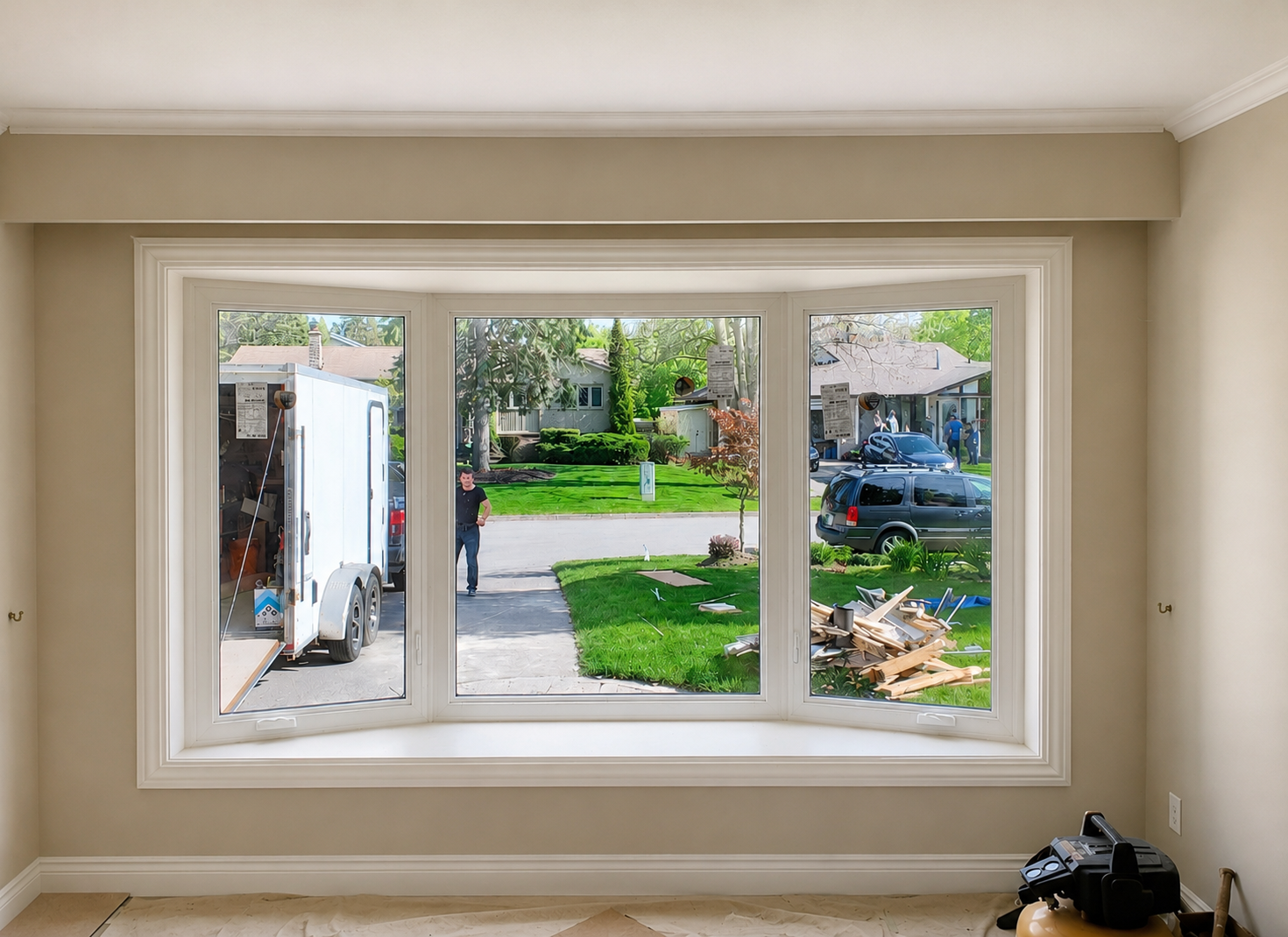 Finished interior of a new three-panel bay window in a Barrie home with clean white casing and unobstructed centre view
