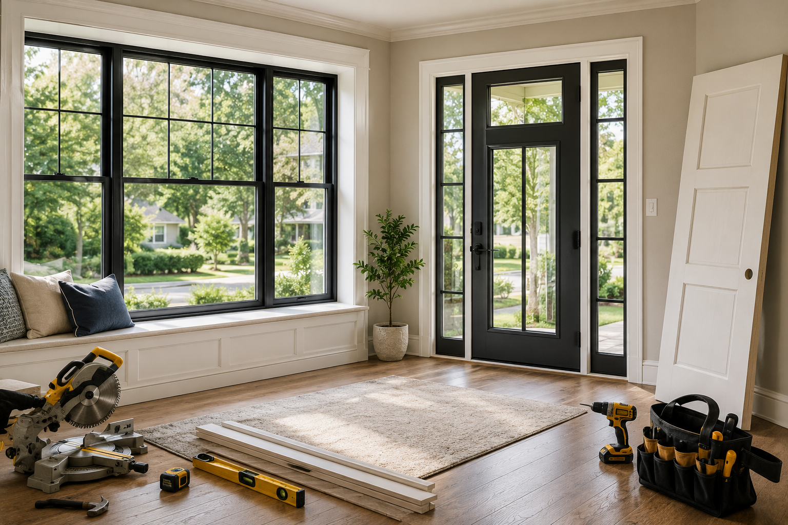 Black-framed French garden door with sidelights and a black-frame picture window in a bright Richmond Hill living room during installation