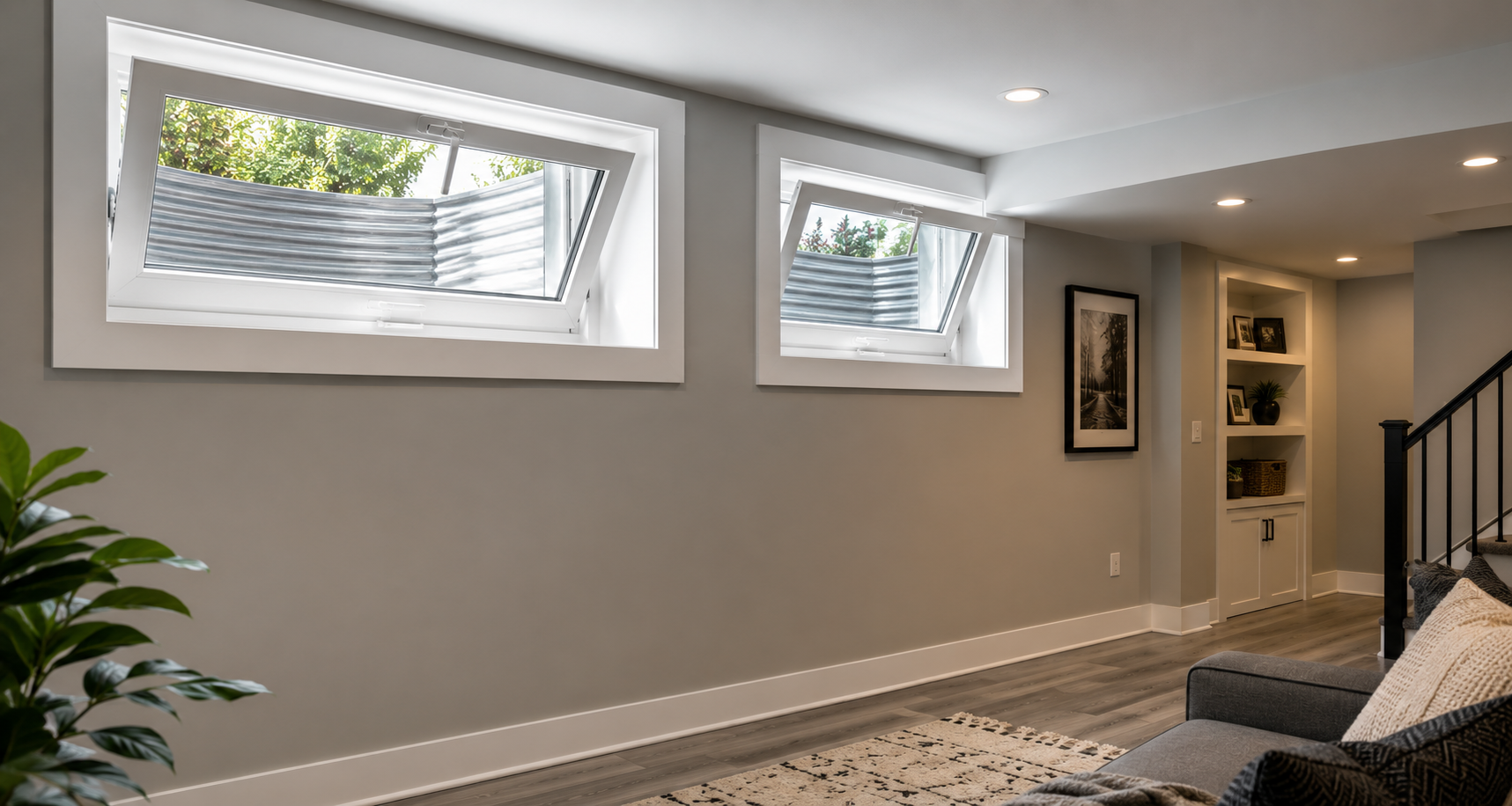 Two white vinyl hopper basement windows tilted inward in a modern finished basement with window wells visible outside