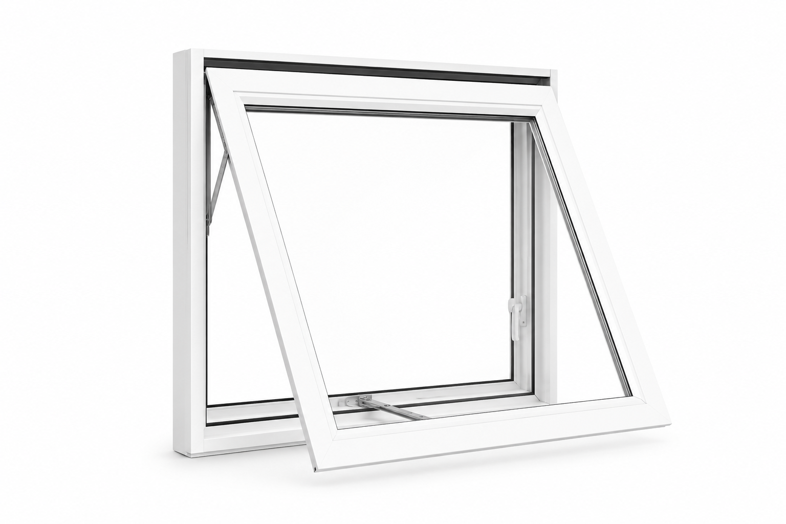 White vinyl awning window opening outward for ventilation — Ontario installation