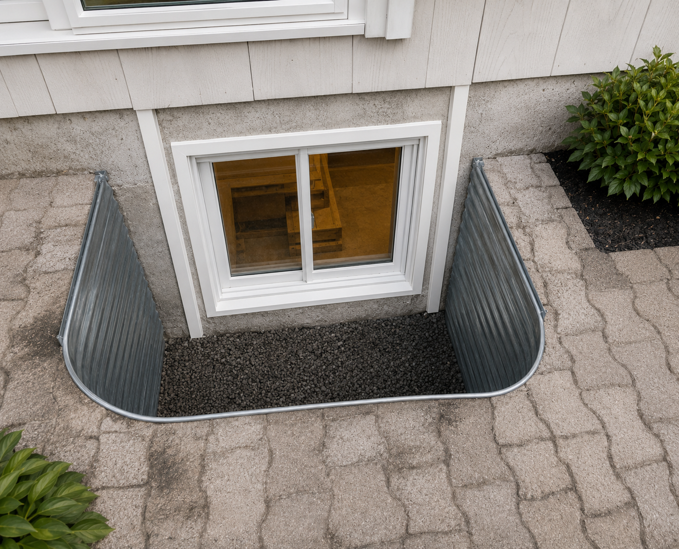 White vinyl slider basement window with metal window well — exterior product view