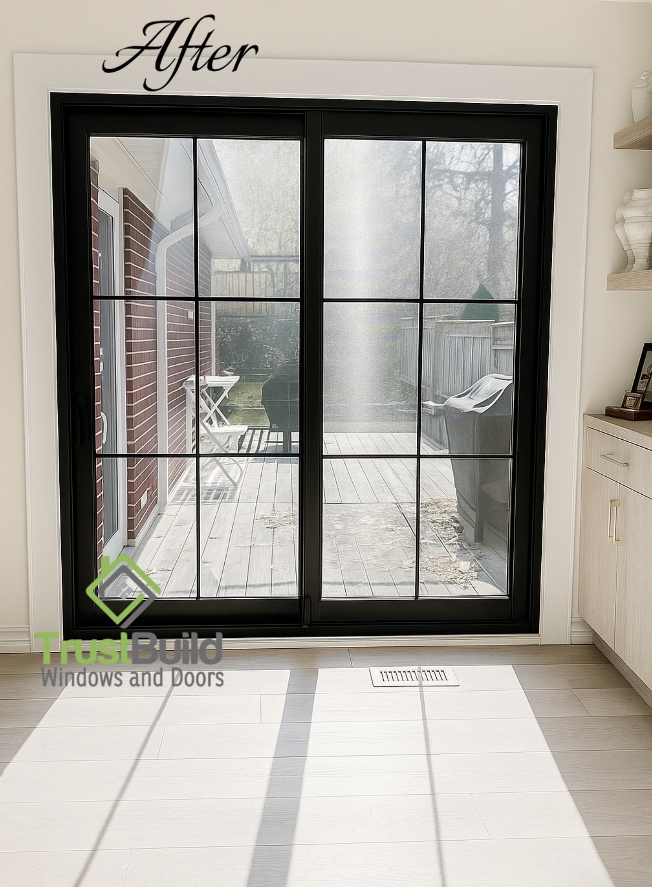 Black garden door viewed from inside with divided glass and white interior casing