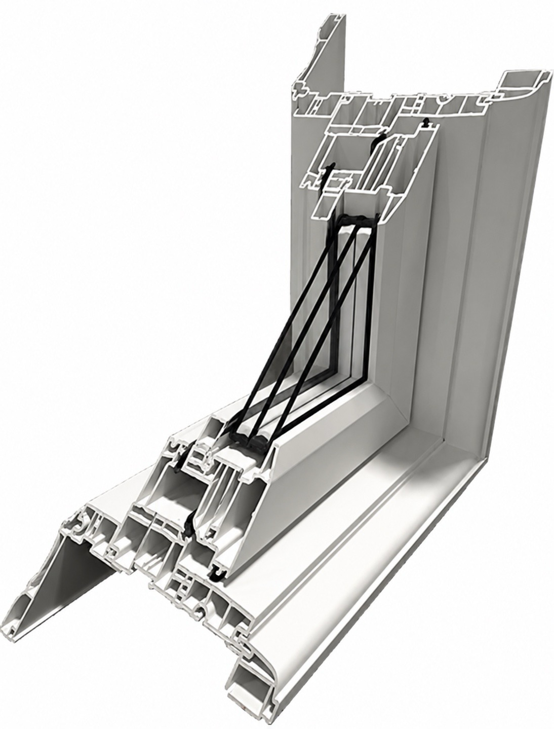 Triple-pane window cross-section showing three glass panes with two argon-filled cavities inside a uPVC frame