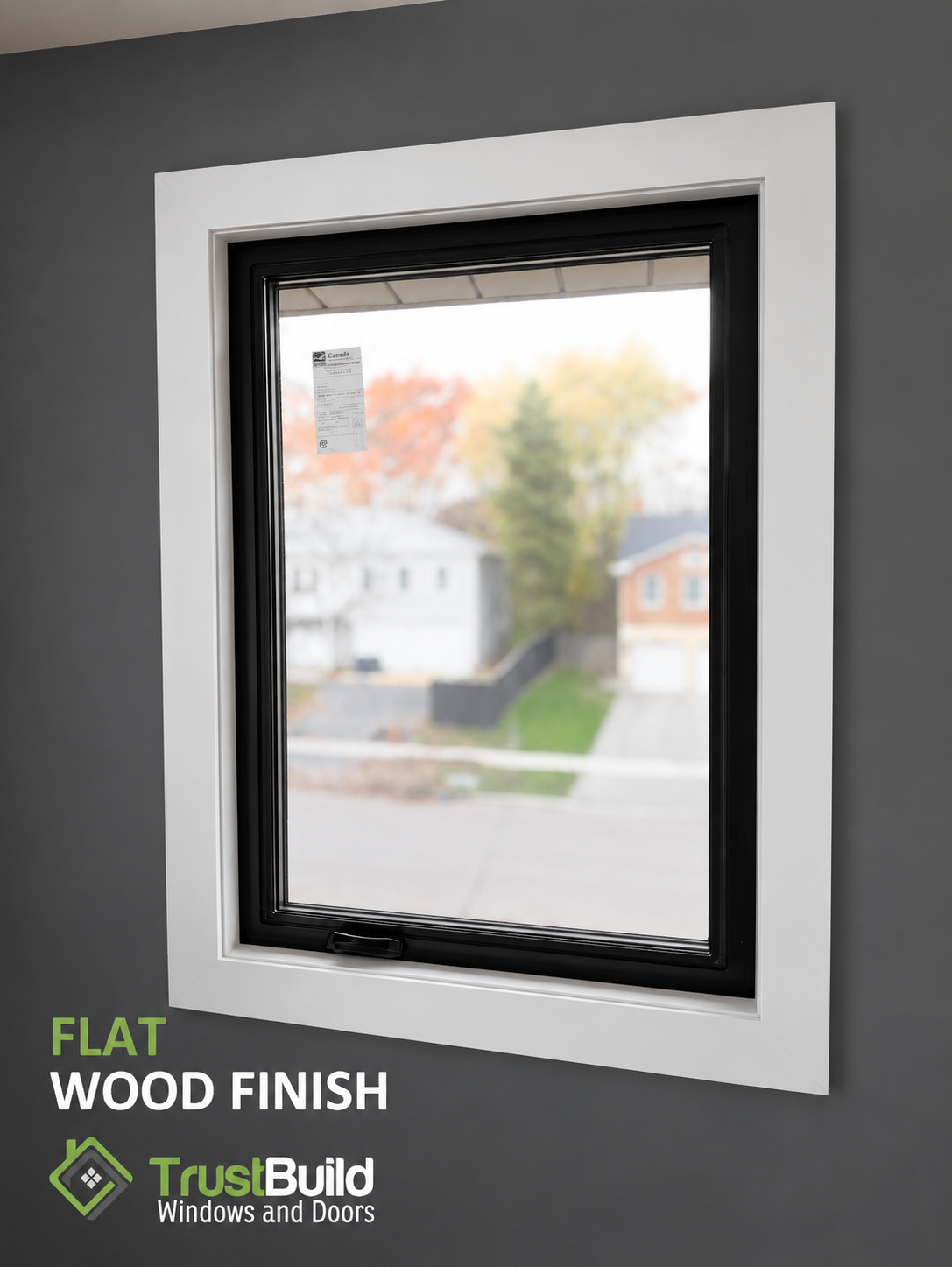 Flat wood finish casing on a black-frame Trust Build window