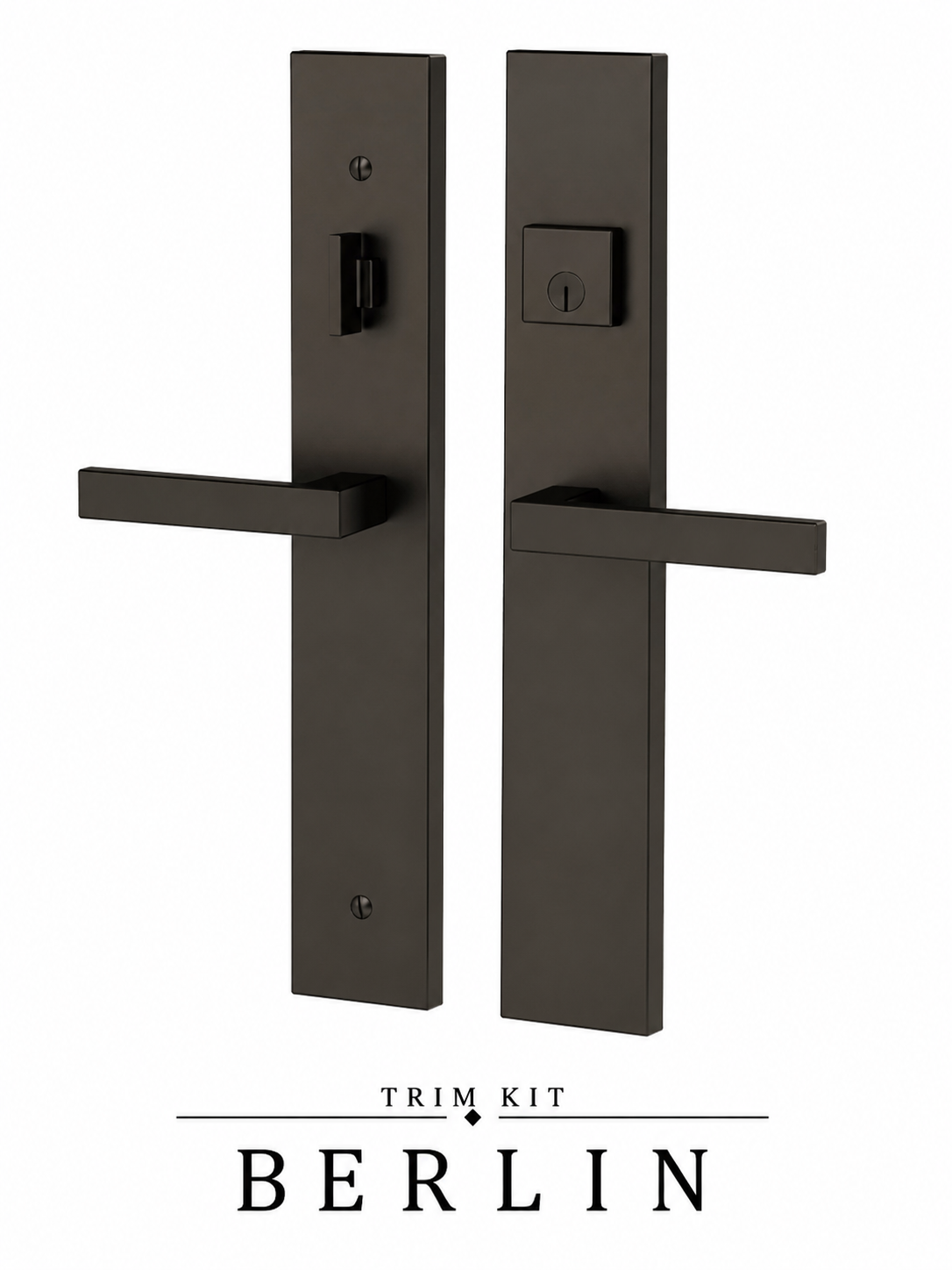Ferco Berlin trim kit in matte black, a square-edged modern multi-point lock plate with straight lever handles