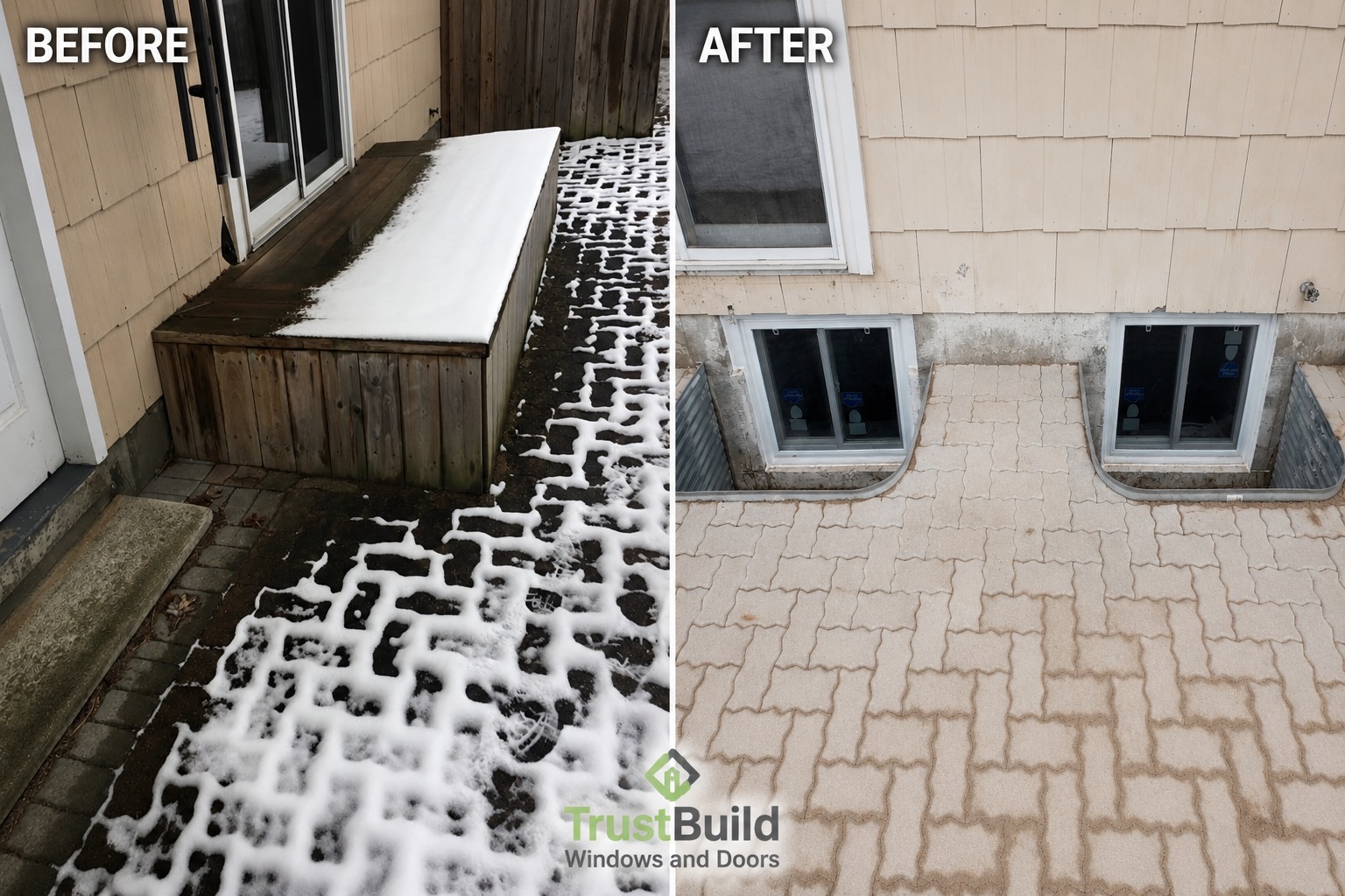 Before and after in Hamilton: an old wood deck against the foundation removed to reveal two new galvanized basement window wells with white vinyl sliders and a new paver patio