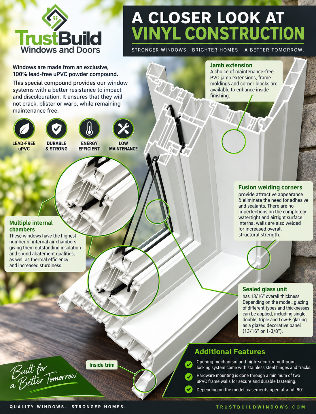Cutaway infographic of a Trust Build vinyl window showing the jamb extension, multiple internal chambers, fusion-welded corners, sealed glass unit, and inside trim