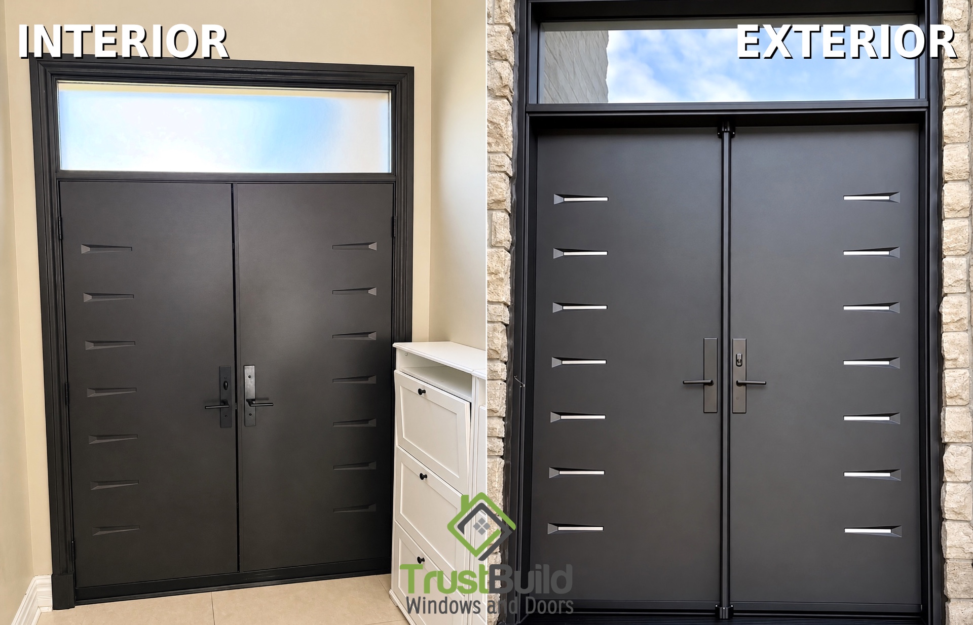 Interior and exterior views of matching antique-brown steel double doors with diagonal metal accents and a transom