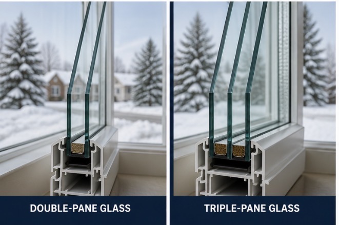 Cross-section comparison of double-pane versus triple-pane window glass, showing the additional insulating air gap in triple-pane construction against a snowy winter view