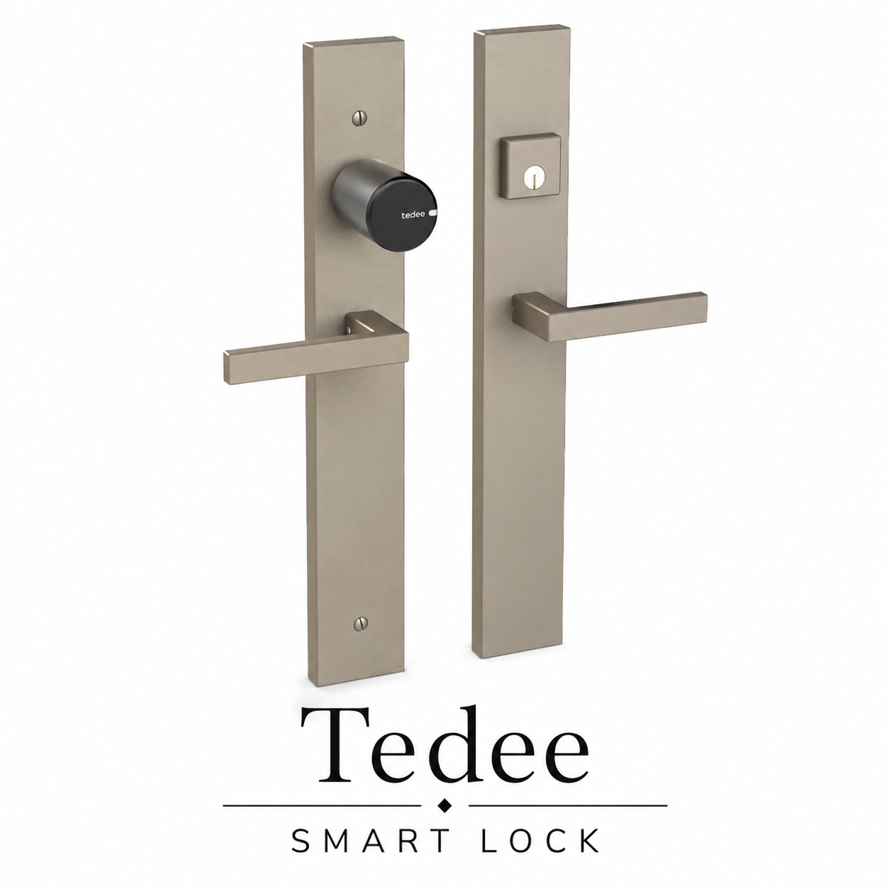 Ferco Berlin multi-point trim in nickel fitted with a Tedee smart lock on the interior cylinder