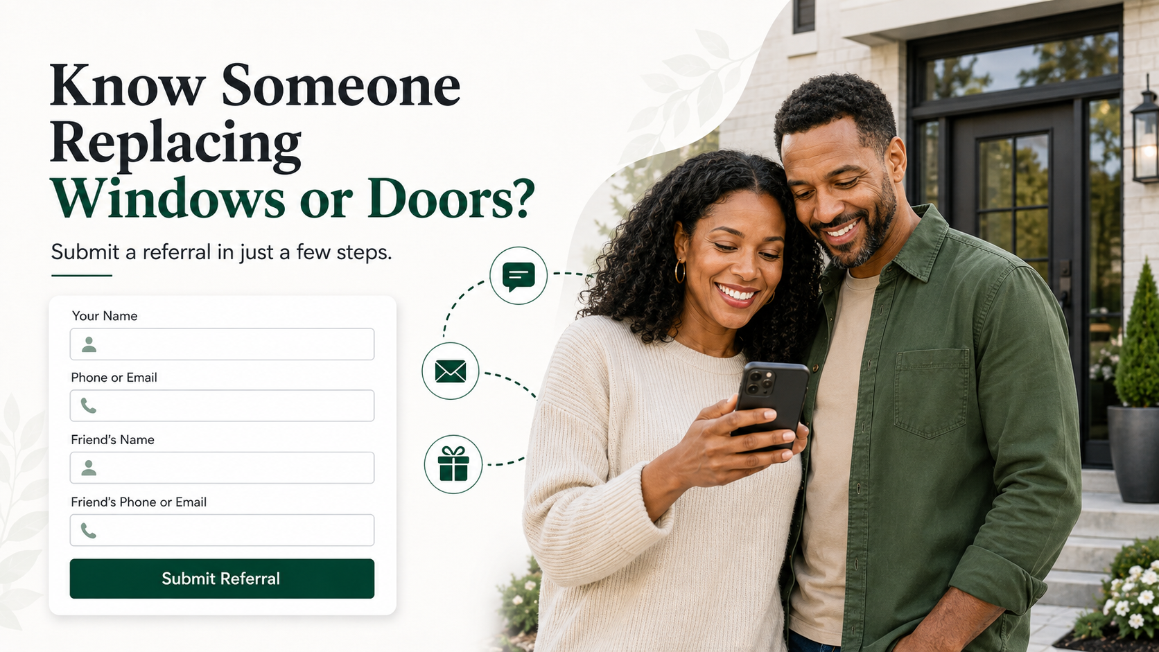 Couple looking at a phone while submitting a windows and doors referral