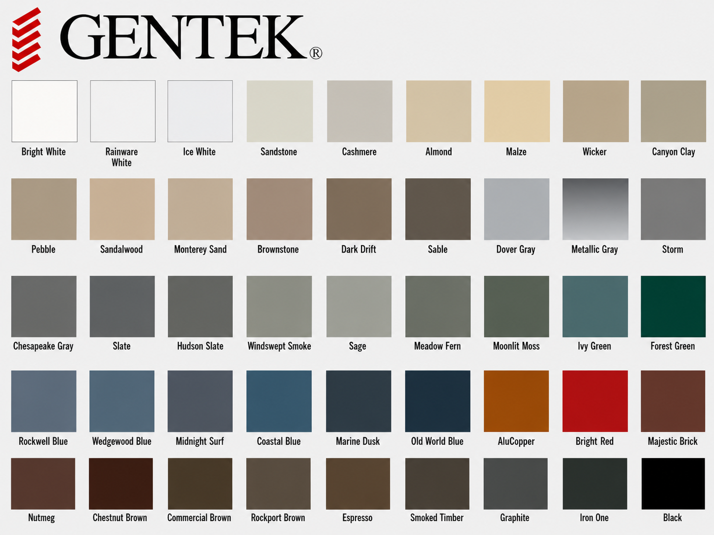 Gentek exterior vinyl window colours chart — 45 factory-bonded architectural finishes
