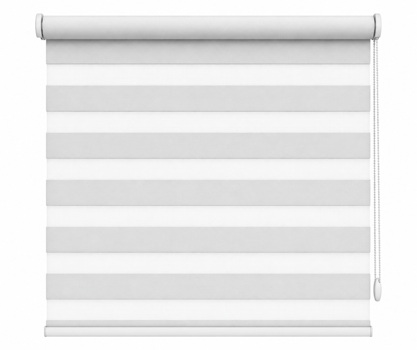 White zebra blinds with alternating sheer and solid bands in an Ontario living room