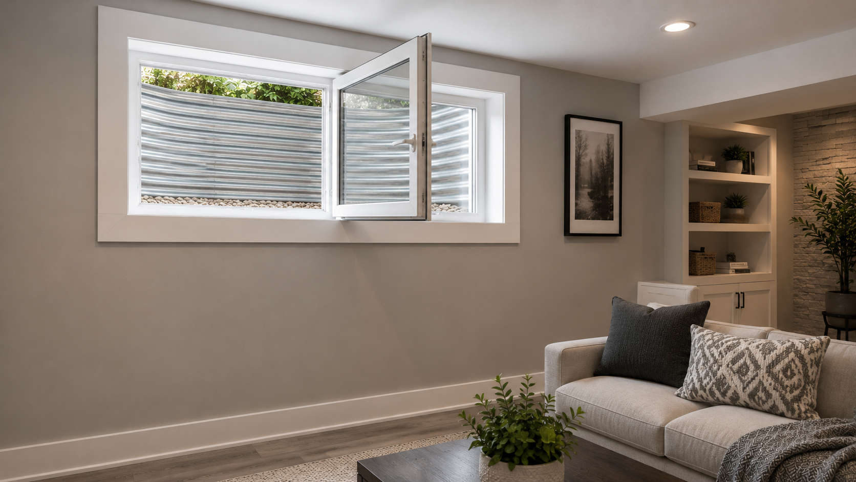 White vinyl hopper basement window tilted open inward in a finished Ontario basement, window well visible outside