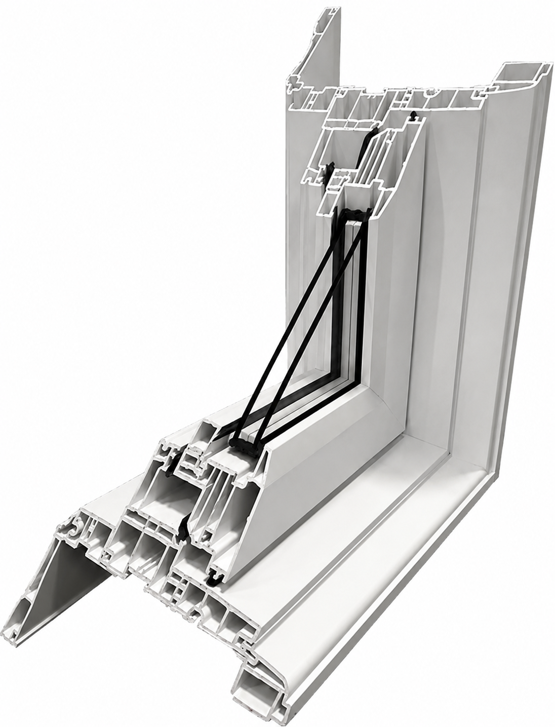 Double-pane window cross-section showing two glass panes with a single argon-filled cavity inside a uPVC frame