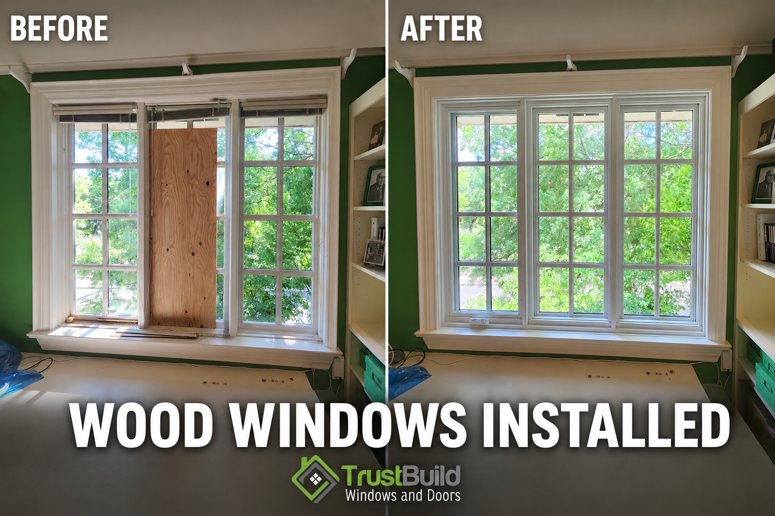 Interior before-and-after of a Collingwood home office window — deteriorated wood window with a boarded section replaced by a custom wood window with matching SDL grille pattern