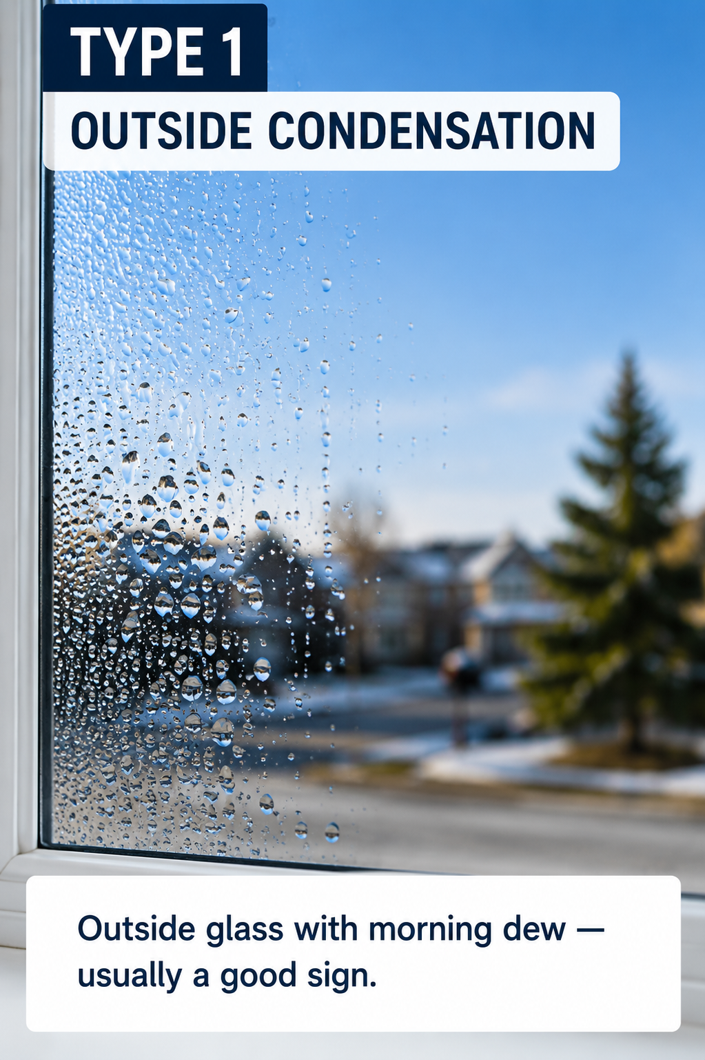 Morning condensation on the exterior of newly installed energy-efficient windows in Ontario