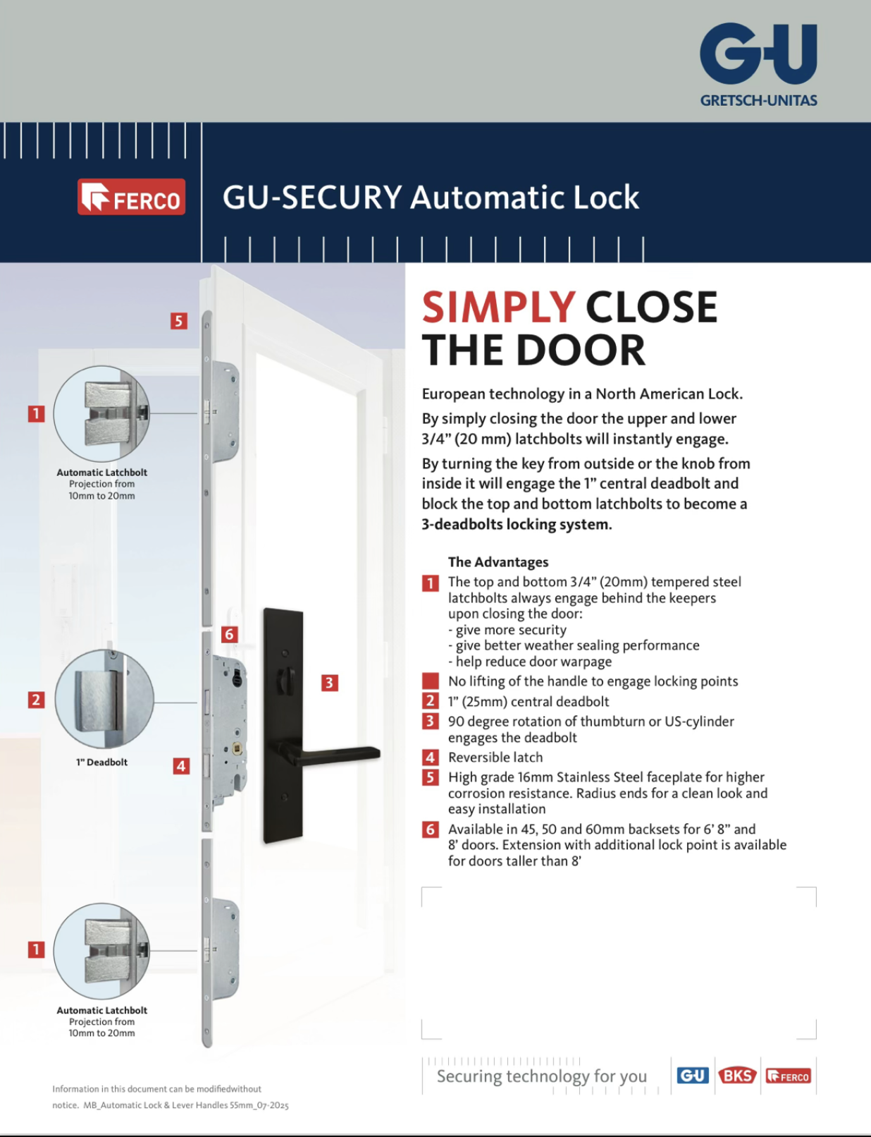 Ferco GU-SECURY automatic lock diagram showing upper and lower automatic latchbolts, central deadbolt, handle, faceplate and locking sequence