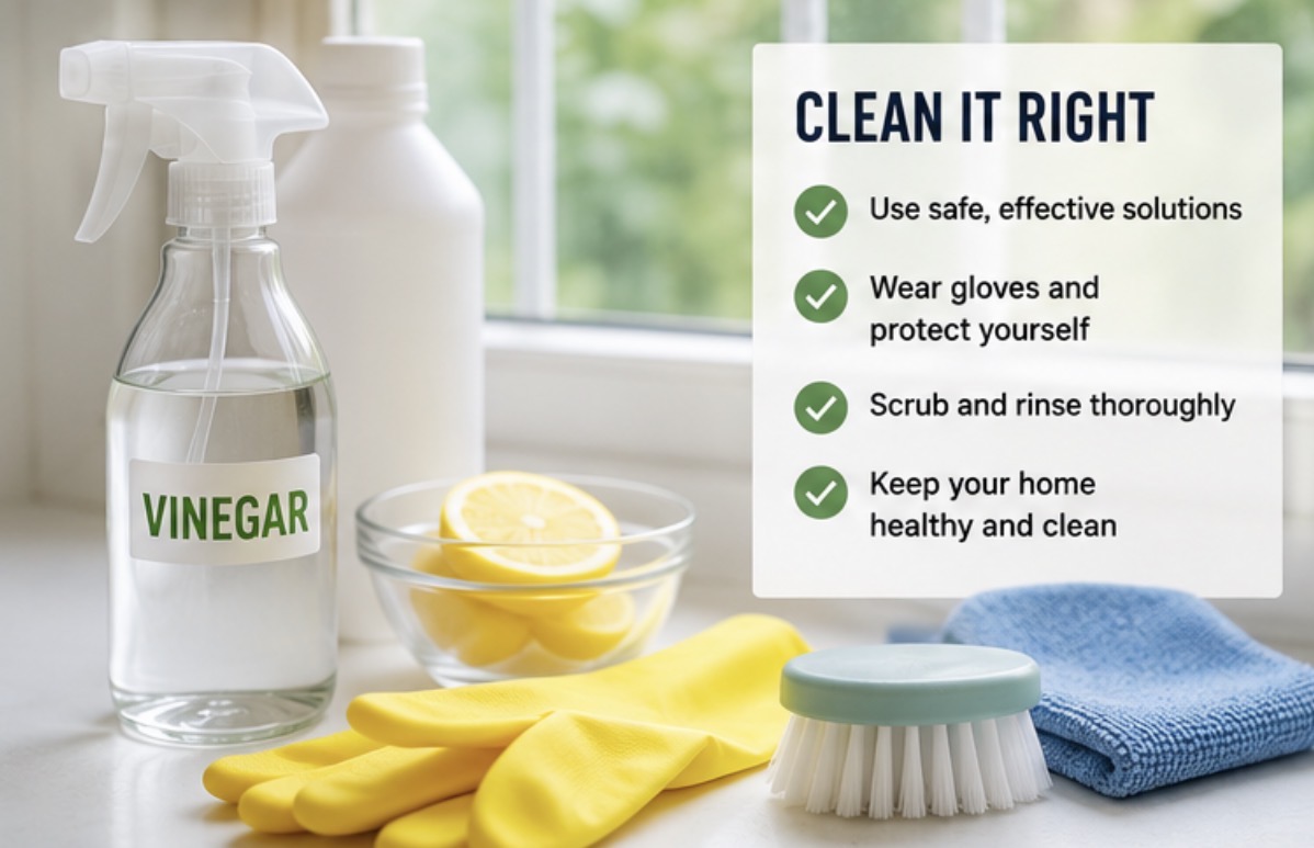 Cleaning mould from a window sill safely with gloves and cloth