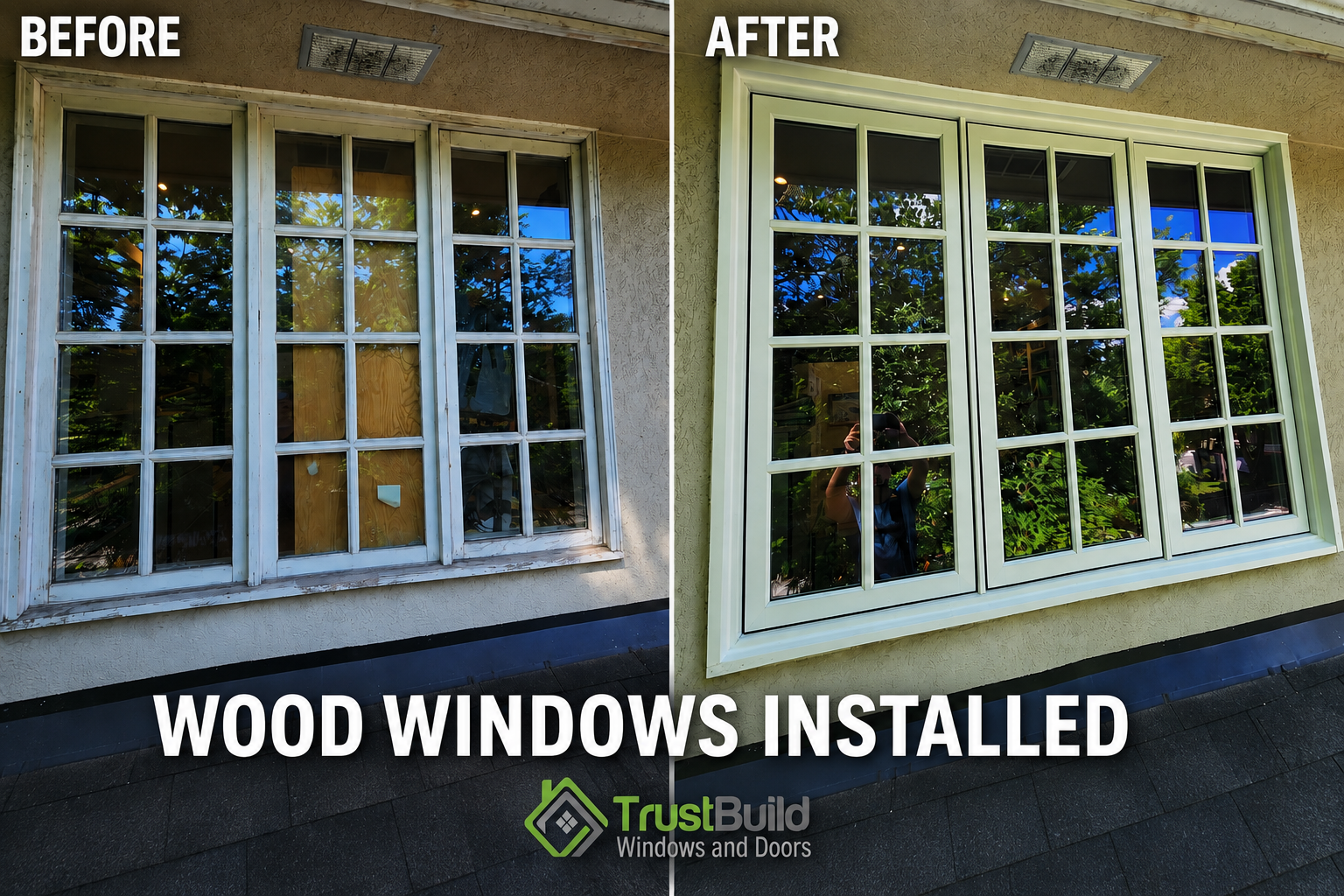 Exterior before-and-after of a Collingwood wood window — weathered original wood frame replaced with an aluminum-clad exterior in a matching heritage grille pattern