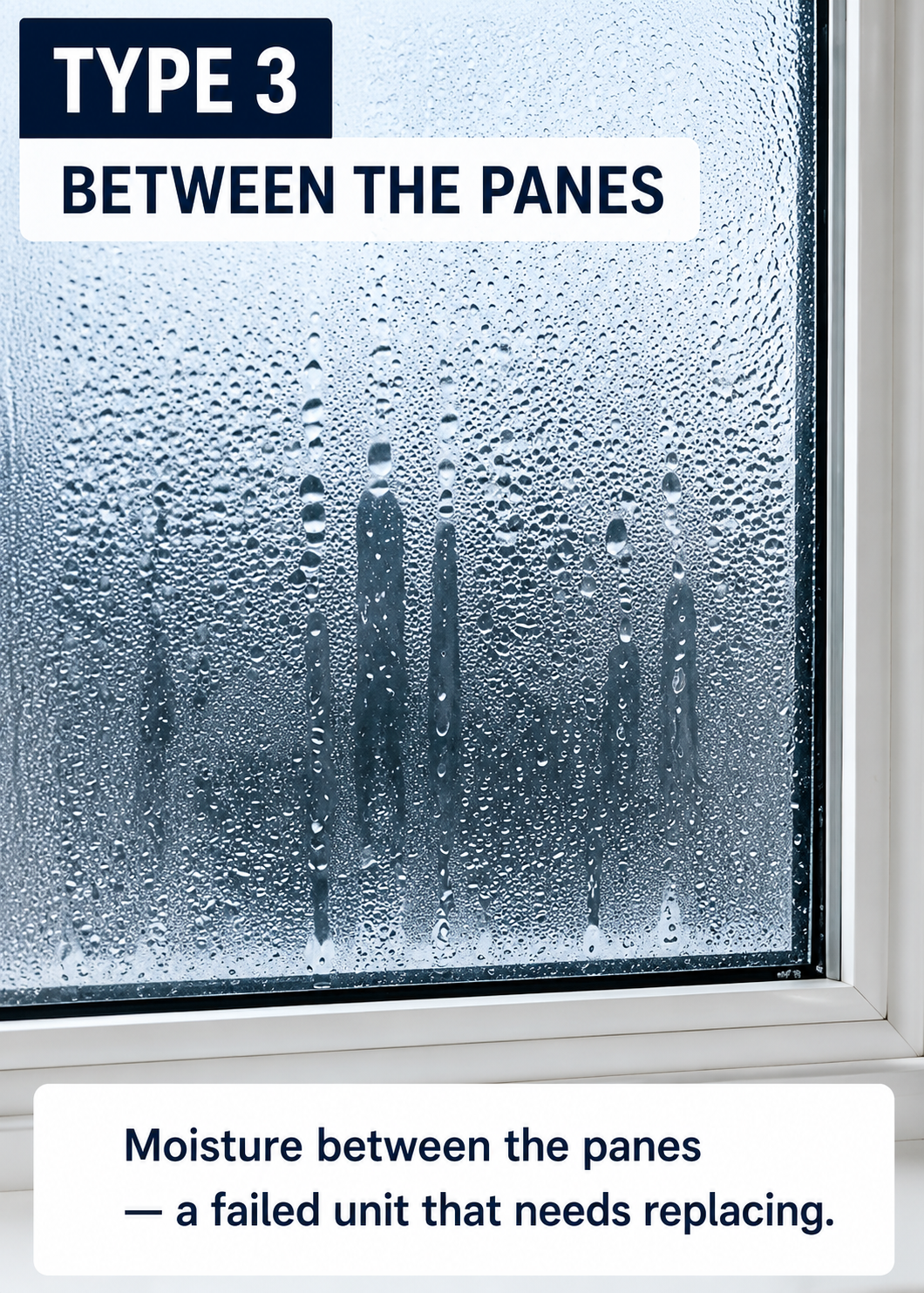 Condensation trapped between the panes of a failed sealed glass unit