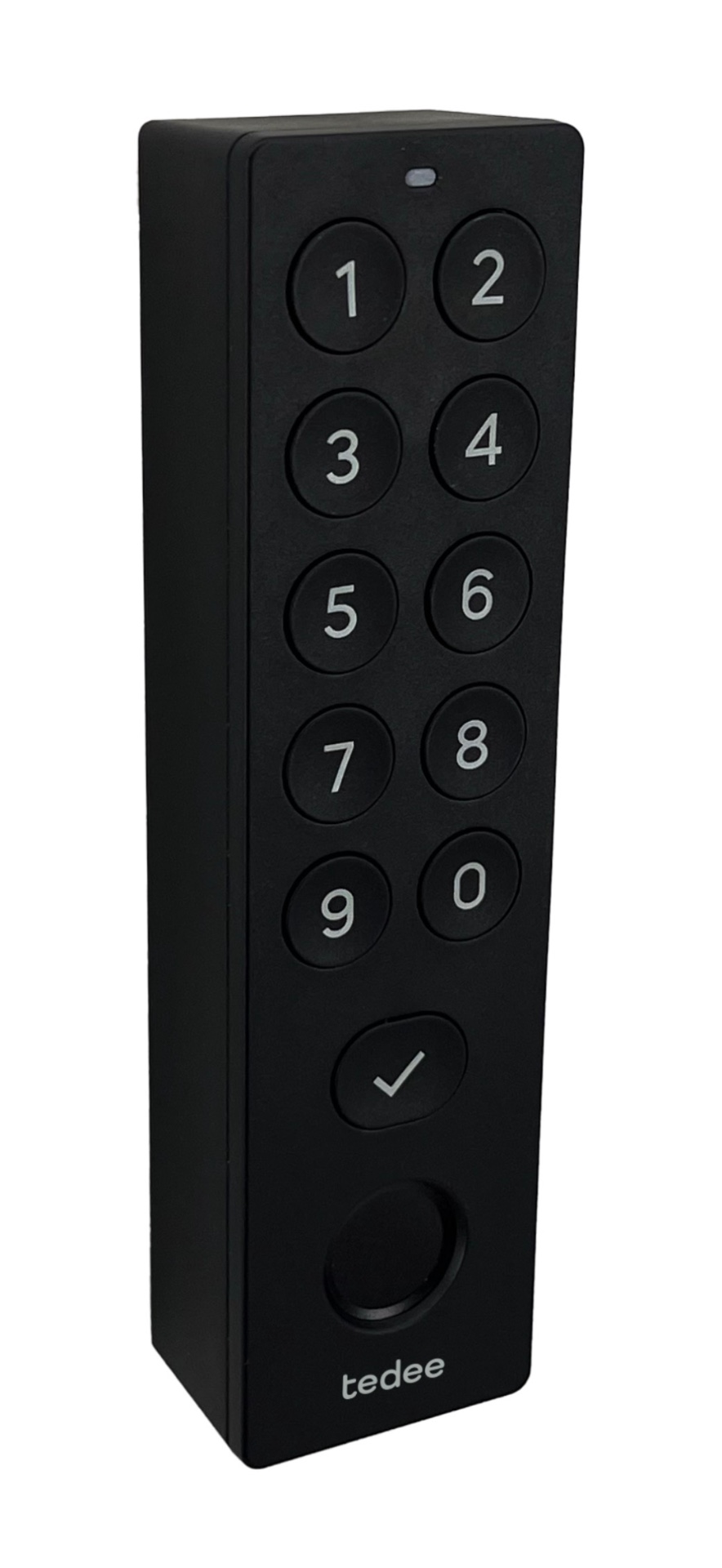 Tedee keypad in matte black with numbered buttons for PIN code entry on an entry door
