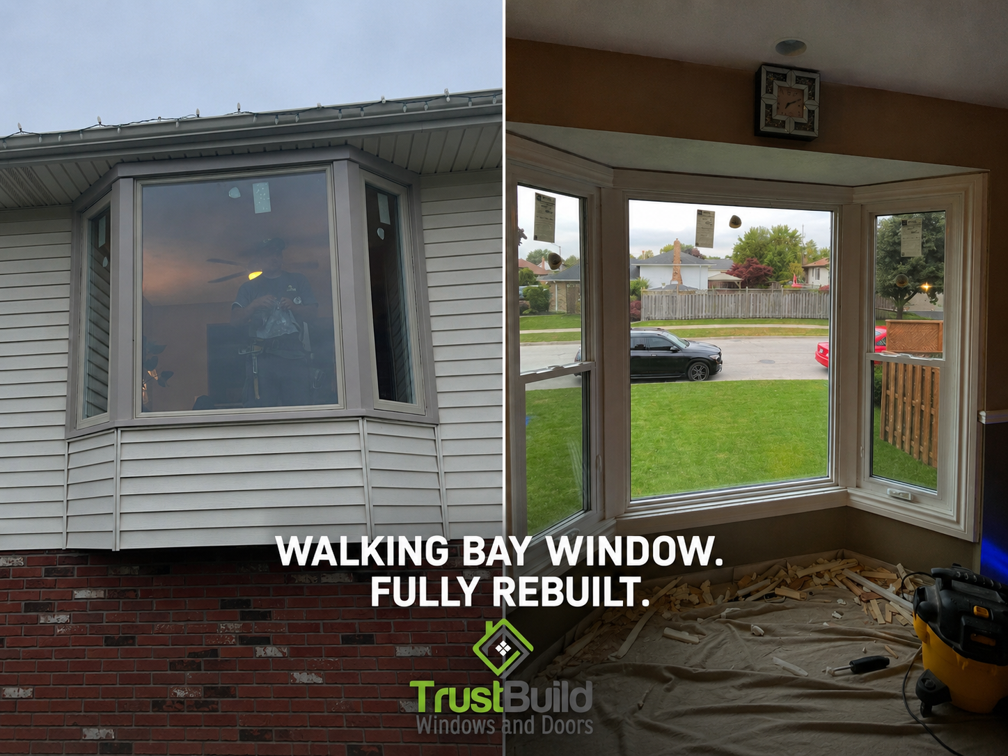 Before and after of a walking bay window in Oakville fully rebuilt by Trust Build, exterior on the left and new interior on the right