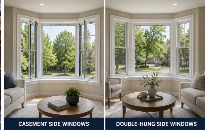 Side-by-side comparison of a bay window with casement side windows open for ventilation and a bay window with double-hung side windows in a Southern Ontario living room