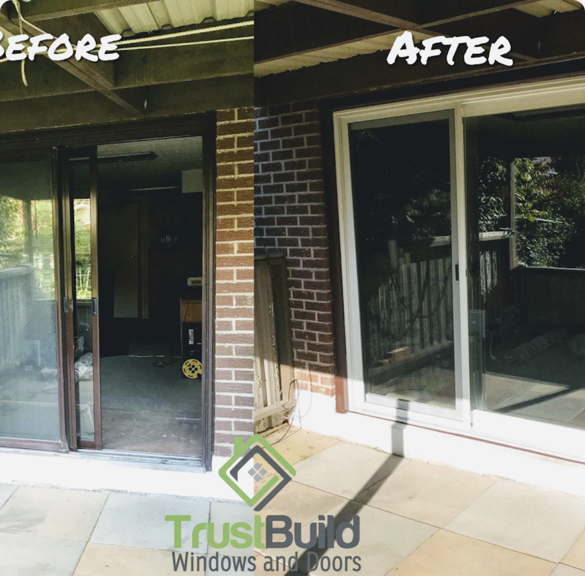 Before and after of a dated brown sliding patio door replaced with a white vinyl sliding patio door on a brick Ontario home