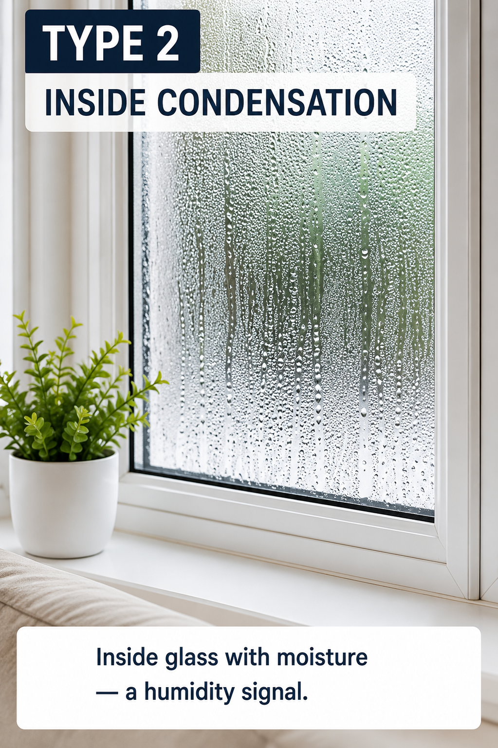 Interior condensation running down the inside of a home window — a signal of high indoor humidity