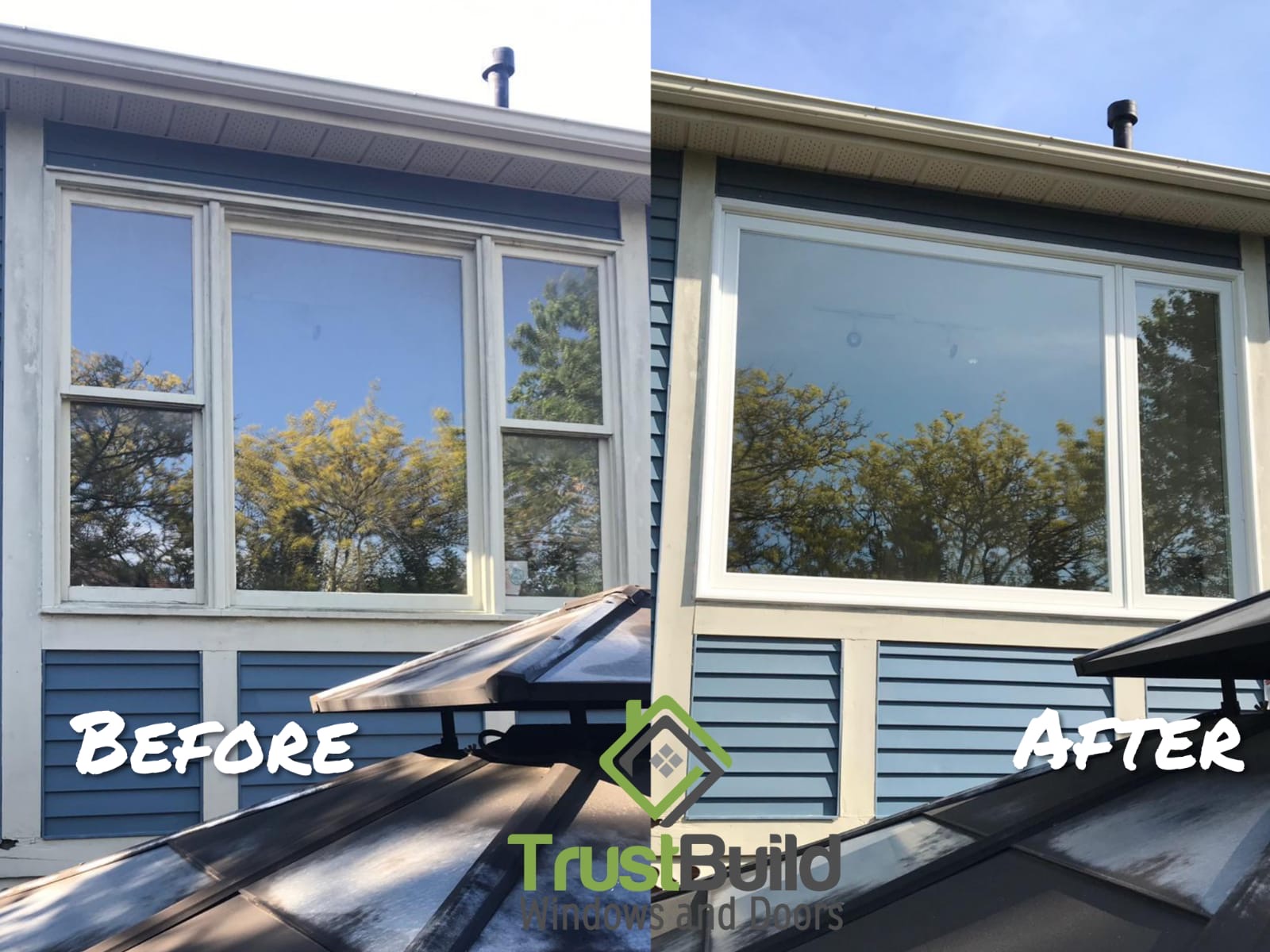 Before and after — three equal-width hung windows in a Kawartha Lakes home reproportioned into one wide fixed picture pane taking roughly three-quarters of the opening, with a single operable casement on the remaining quarter, white vinyl frames against blue siding