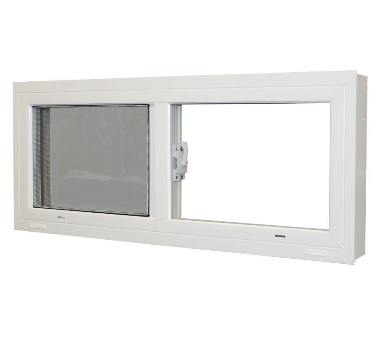 White vinyl basement hopper window installed in a Toronto-area foundation wall
