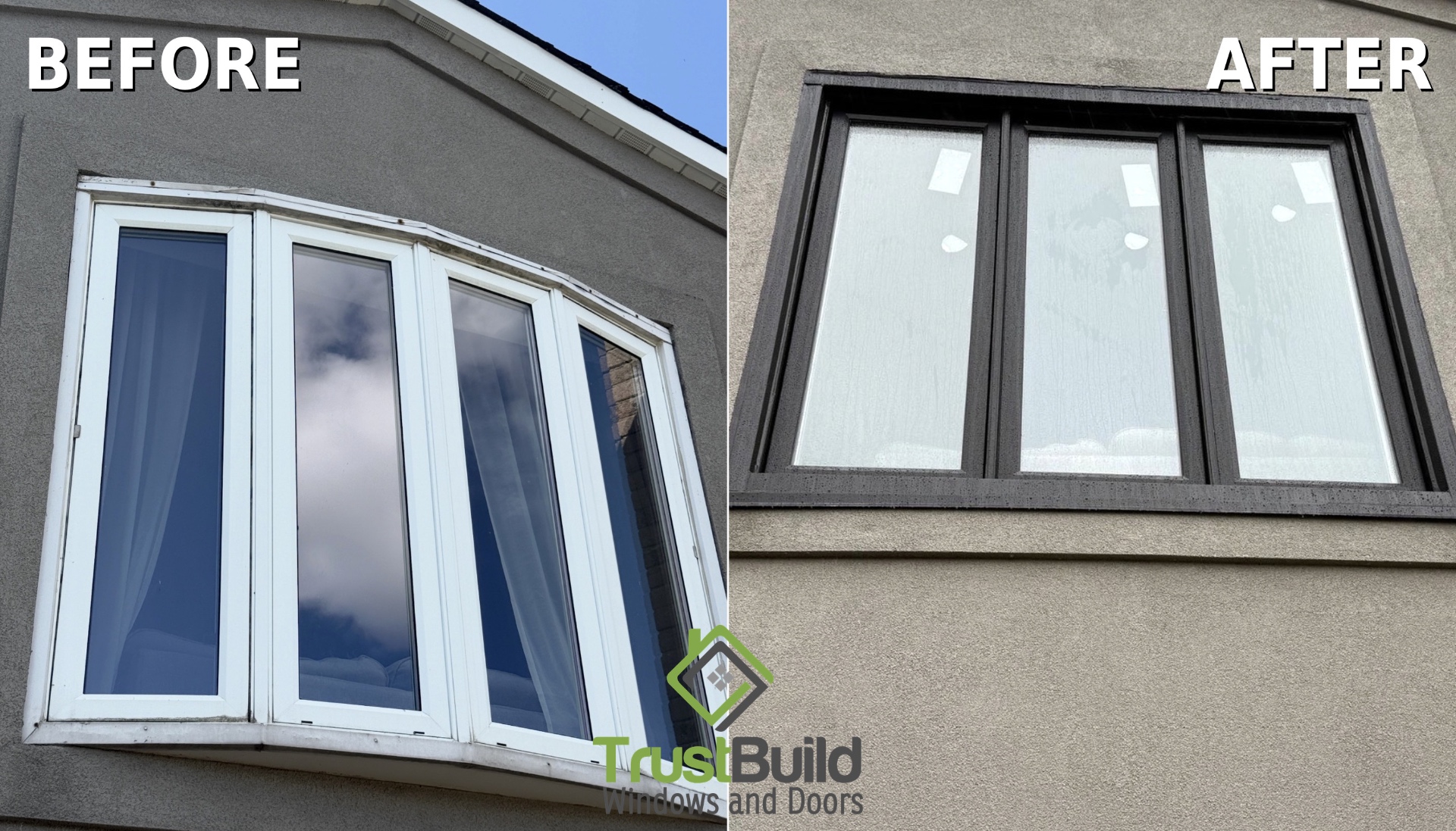Before and after of a bow window replacement in Ancaster, Hamilton — white four-panel bow window with dark staining at the head, rebuilt as a three-panel dark near-black window in grey stucco