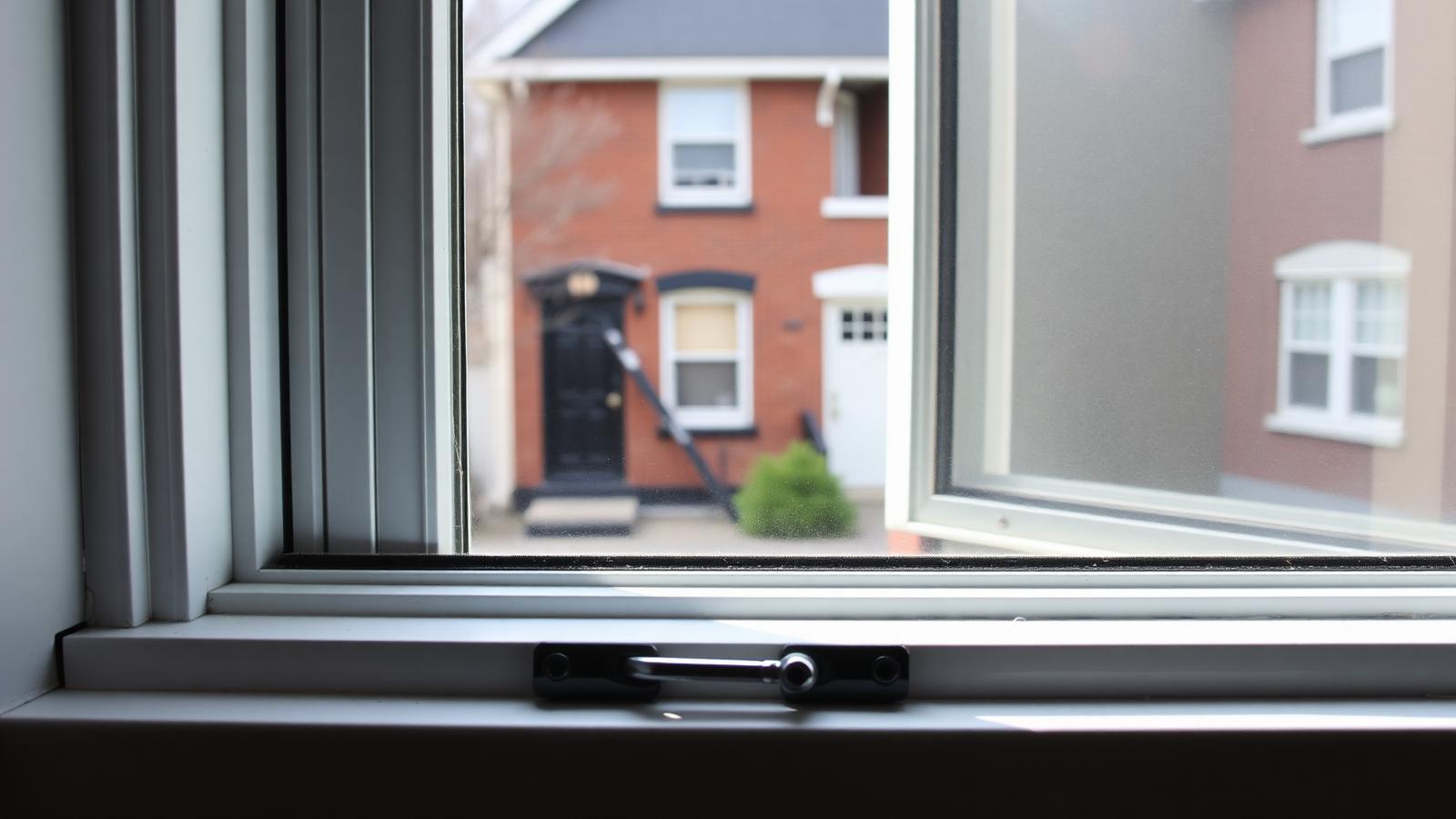 Interior view of a white vinyl casement window partly open with its crank operator visible at the sill in an older Toronto home