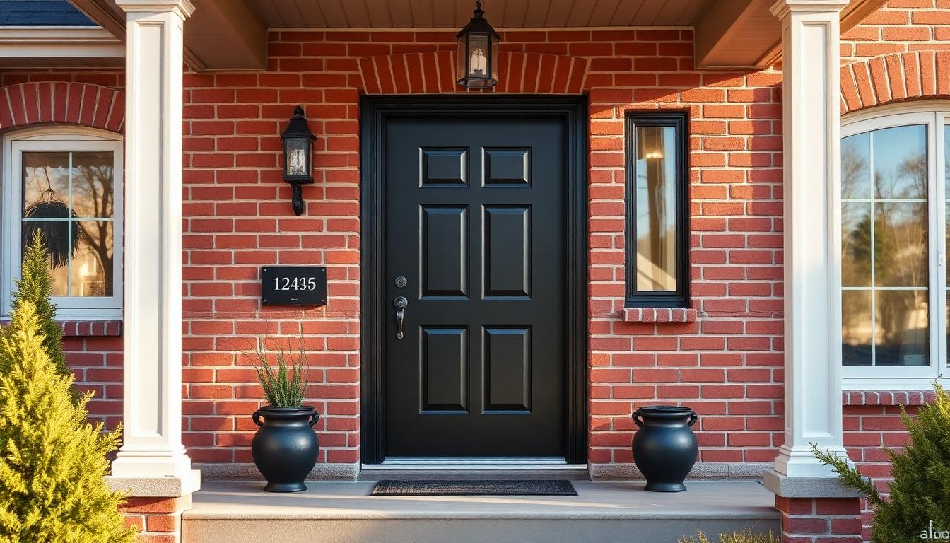 Modern black steel entry door with sidelights installed on a red brick Ontario home