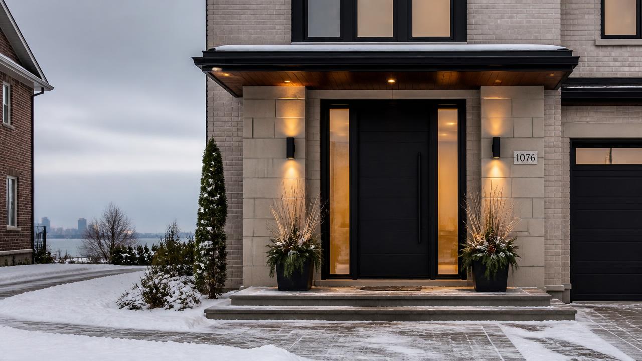 Black steel entry door with sidelites on a modern Mississauga home in winter, with Lake Ontario visible in the distance