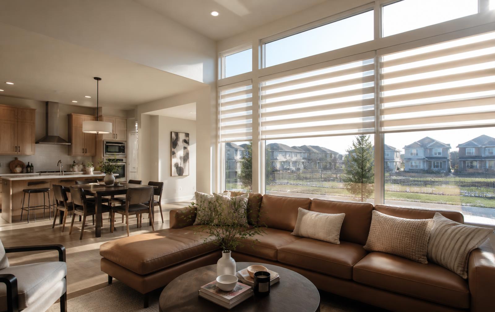Zebra blinds with alternating sheer and solid fabric bands half-lowered across a floor-to-ceiling great room window in a newer Brampton home